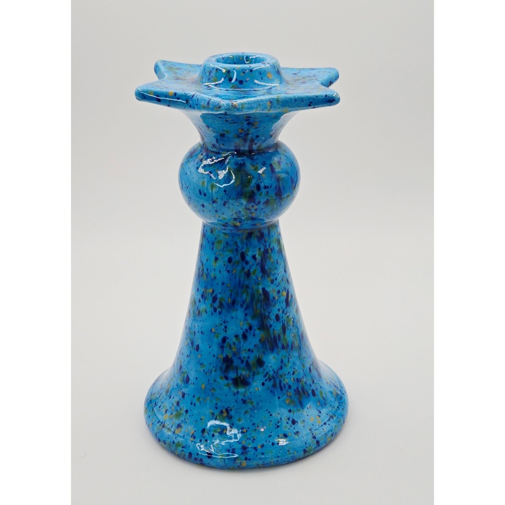 Blue Splatter Glaze Ceramic Star Taper Candle Holder Handcrafted Pottery 6.5in